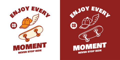 Skateboard badge design with winged cap illustration and retro typography in red and white vintage style layout.