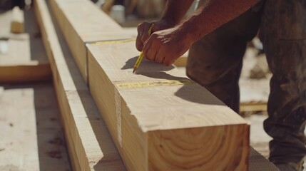 Construction worker measuring and marking wooden beams for installation. Featuring precision and skill
