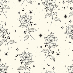 Magic seamless vector pattern with flowers, moons and stars. Bohemian fabric design. Boho pattern for astrology, esoteric, tarot, mystic and magic. 