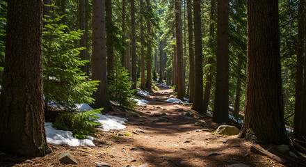 Obraz premium A tranquil forest trail winds through tall evergreen trees, with sunlight filtering through