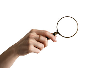Hand holding magnifier glass up close on transparent background