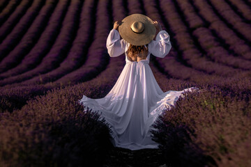 Lavender Fields Woman Dress: Provence France Sunset Photography; Woman in white dress holds hat,...