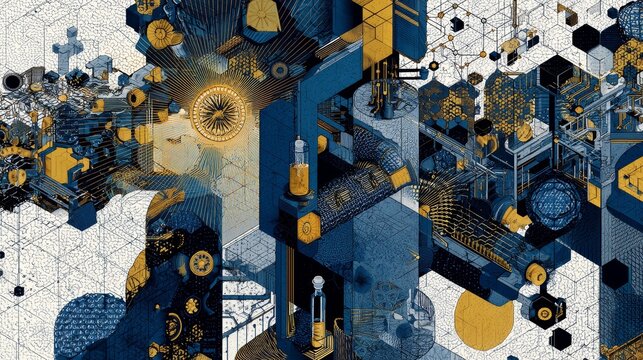 Futurist laboratory design, including luminous test tubes, molecular structures, mechanical pipelines, integrating metal cobalt blue and gold elements, science fiction and decorative art styles