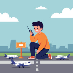 Young boy in an orange sweater kneeling on a runway with toy airplanes, minimal style vector illustration