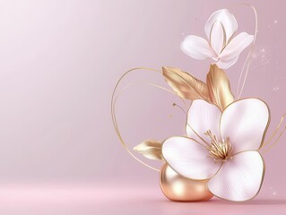 Fototapeta premium Elegant white and gold floral arrangement on a soft pink background.