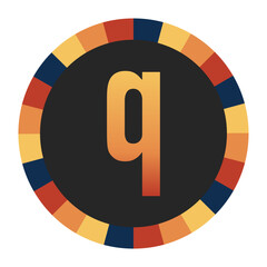 Gradient lowercase Letter q in Warm Orange, Red, and Yellow with Circular Frame in Blue, Red, and Yellow Tones