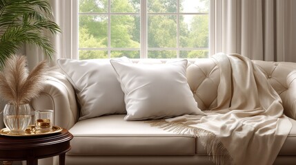 Fototapeta premium Minimalist white pillow placed on modern sofa in clean contemporary living space, isolated composition with no visual distractions and focus on soft home decor element