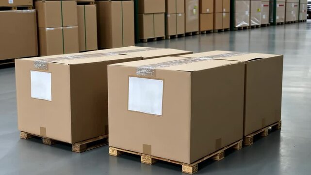 A stack of cardboard boxes are piled on top of each other in a warehouse. The boxes are all different sizes and are stacked in a neat row. The warehouse is likely a shipping or receiving area
