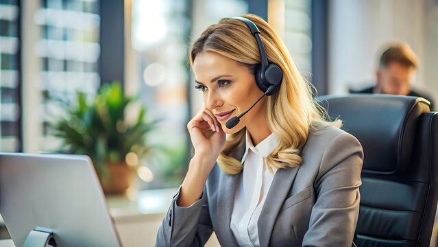 A smiling businesswoman with a headset works as a call center operator providing customer service