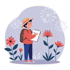 A young boy wearing a straw hat and backpack sketches flowers in a vibrant garden, showcasing a cheerful and curious mood in flat vector art