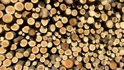 Stack of Firewood Logs with Natural Tree Rings Texture, Rustic Wood Background