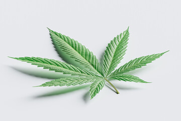 Leaf of a marijuana plant is shown in a close up. The leaf is green and has a distinct shape. 3d render