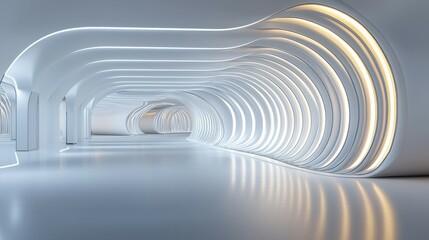 Obraz premium Futuristic white corridor with curved walls and ambient lighting.