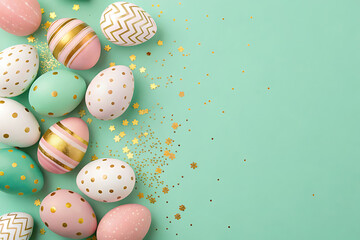 Stylish Pastel Easter Eggs with Gold Decorations on Mint Background – Festive Flat Lay for Spring Celebration