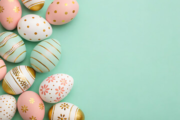 Stylish Pastel Easter Eggs with Gold Decorations on Mint Background – Festive Flat Lay for Spring Celebration