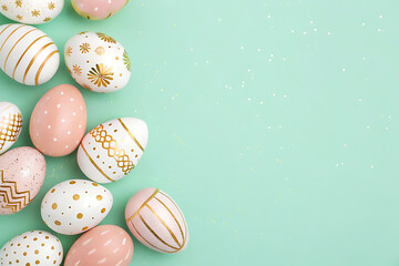 Stylish Pastel Easter Eggs with Gold Decorations on Mint Background – Festive Flat Lay for Spring Celebration