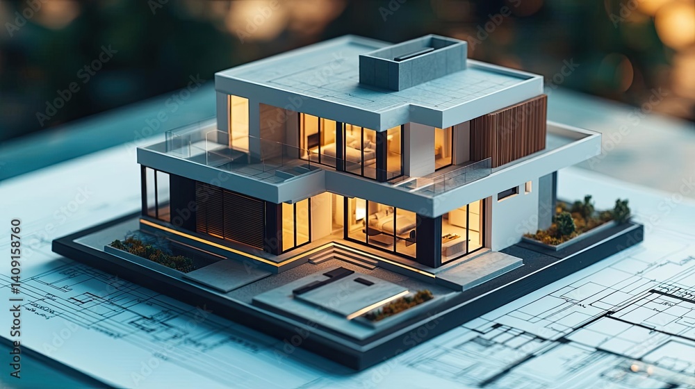 Poster Building house on blueprint under plan and architecture concept. Modern architectural model showcasing innovative design features.