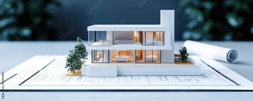 Aufkleber Building house on blueprint with a focus on architecture and vignetting concept. Modern architectural model on blueprint for design review.