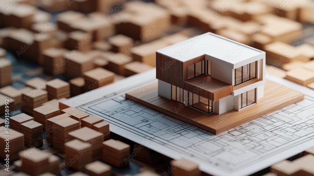 Poster Building house on blueprint under plan and architecture concept. Architectural model showcasing modern design and precise planning.