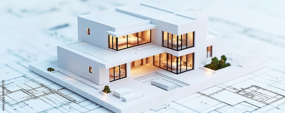 Aufkleber Building house on blueprint with a focus on architecture and vignetting concept. A modern architectural model displaying a sleek home design.