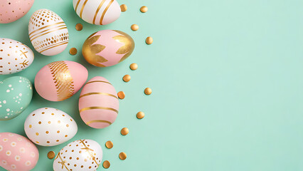 Stylish Pastel Easter Eggs with Gold Decorations on Mint Background – Festive Flat Lay for Spring Celebration