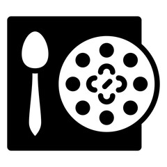 Soup plate with spoon at table solid icon, eat what you want concept. Vector graphics. Food dish sign on white background, glyph style mobile or design.