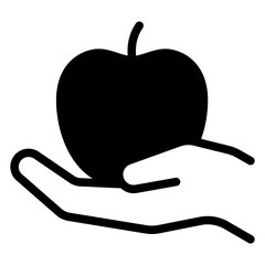 Apple on hand palm solid icon, grocery products concept. Vector graphics. Fresh fruit sign on white background, glyph style mobile or design.