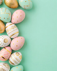 Stylish Pastel Easter Eggs with Gold Decorations on Mint Background – Festive Flat Lay for Spring Celebration