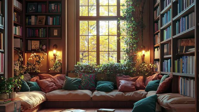 Cozy library corner with cushions and warm lighting invites relaxation and reading in an autumn setting, Cozy library corner with cushions and warm lighting, inviting video background