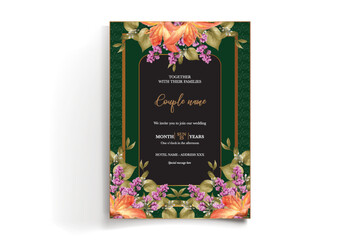 WEDDING INVITATION FRAME WITH FLOWER DECORATIONS AND FRESH LEAVES