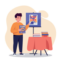 A cheerful young man presenting a colorful cooking event poster in a minimal vector art style, surrounded by books on a table, creating an inviting atmosphere.