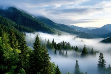 Serene misty morning in a lush green forest enveloped by majestic mountains.