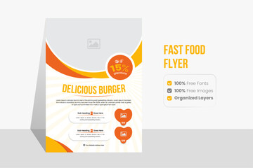 Fast food modern layout A4 flyer with creative editable vector shapes template for restaurant business.