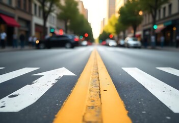 Generative AI Urban Road Perspective with Yellow Line and Crosswalk