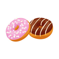 Cartoon donuts with chocolate and strawberry topping Colorful round delicious sweet desserts with marshmallow Flat vector doughnut illustration Design elements for recipe books, menu design, food blog