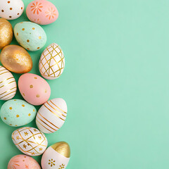Stylish Pastel Easter Eggs with Gold Decorations on Mint Background – Festive Flat Lay for Spring Celebration