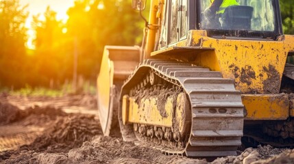 Construction worker operating a bulldozer at a construction site. Featuring strength and control