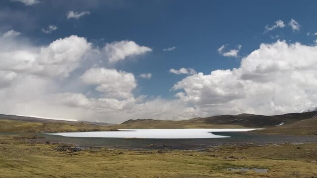 4K footage of the beautiful landscapes of Arabel Plateau in Kyrgyzstan, showcasing its rugged terrain, pristine beauty, and alpine environment.