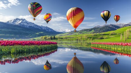 Fototapeta premium Stunning floating balloons reflect on a clear mountain lake surrounded by lush green hills