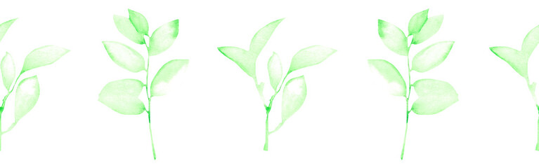 Watercolor leaves border on a white background. Hand-drawn illustration. Perfect for spring and summer.	