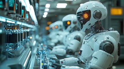 Fototapeta premium Robotic Lab Assistants in a Futuristic Research Facility