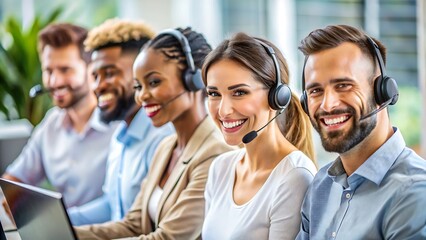 Fototapeta premium A smiling businesswoman with a headset works as a call center operator providing customer service