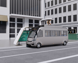 Electric Bus charging at bus stop by high power pantograph charger. 3D rendering image.