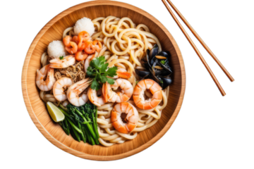 Delicious sea food udon noodles in wooden bowl for asian food menu, isolated transparent png cut out. Pan-asian dish for cafe, restaurant and advertising.