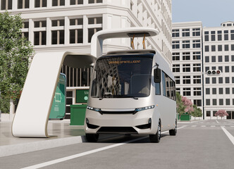 Electric bus charging in a bus stop by high power pantograph charger. Urban street background. 3D rendering image. © chesky