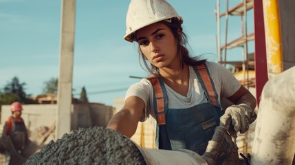 Construction worker operating a cement mixer at a building site. Featuring efficiency and technique