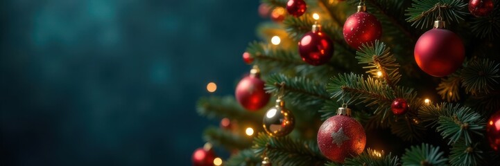 Fototapeta premium Decorated Christmas tree with colorful lights and ornaments , festive, tree