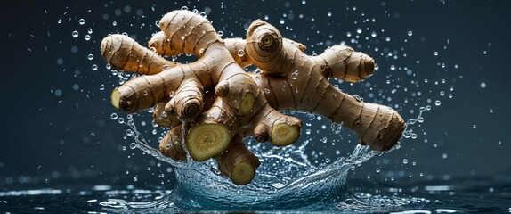 Fototapeta premium Fresh Ginger Roots Splashing in Water on Dark Background.