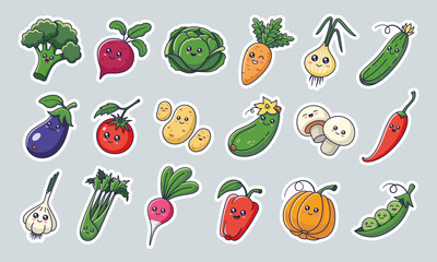 Cute kawaii vegetables stickers set in cartoon style. Vegetables characters collection. Veggies icons, stickers, mascots.