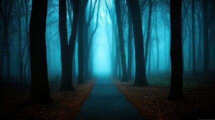 Naklejka premium Mystical Blue Foggy Forest Path